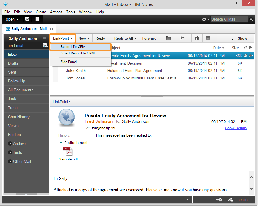Recording An Email To Microsoft Dynamics Crm From Ibm Notes Knowledge Base Linkpoint360