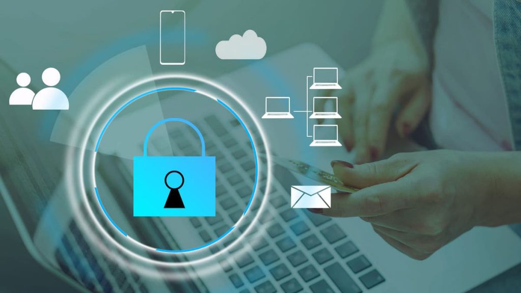 Blue security lock icon hovering over sales rep using laptop | Linkpoint360