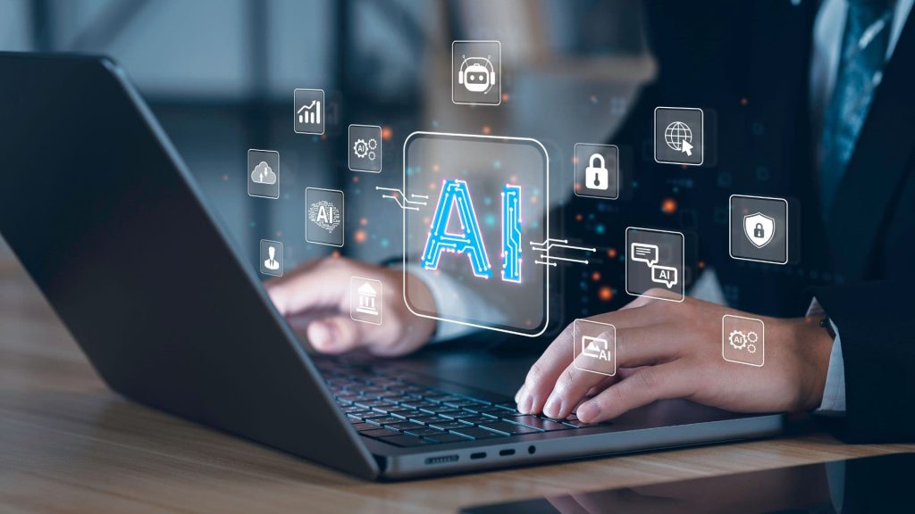 AI Icon Hovers Over Salesperson’s Hands as They Type on Laptop Keyboard | AI and Salesforce