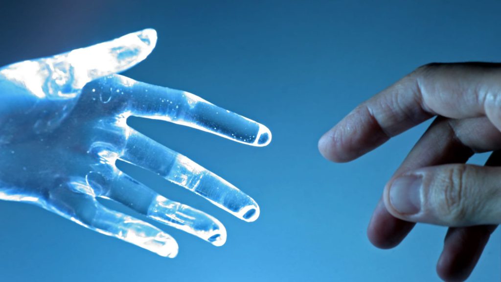Salesperson’s Hand Reaches Out For Blue Holographic Hand | AI and Salesforce