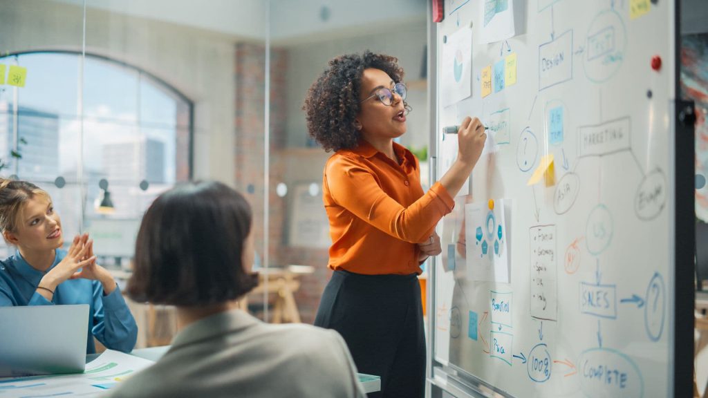 Manager Writes on Whiteboard as She Explains How to Use Sales AI | Power of AI in Sales